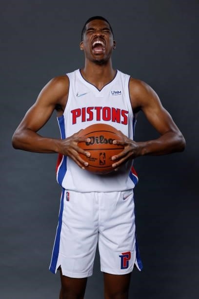 Chris Smith of the Detroit Pistons poses for a photo during media day at Little Caesars Arena on September 27, 2021 in Detroit, Michigan. NOTE TO...