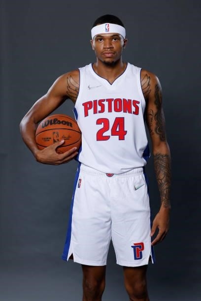 Jamorko Pickett of the Detroit Pistons poses for a photo during media day at Little Caesars Arena on September 27, 2021 in Detroit, Michigan. NOTE TO...