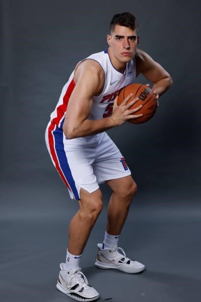 Luka Garza of the Detroit Pistons poses for a photo during media day at Little Caesars Arena on September 27, 2021 in Detroit, Michigan. NOTE TO...