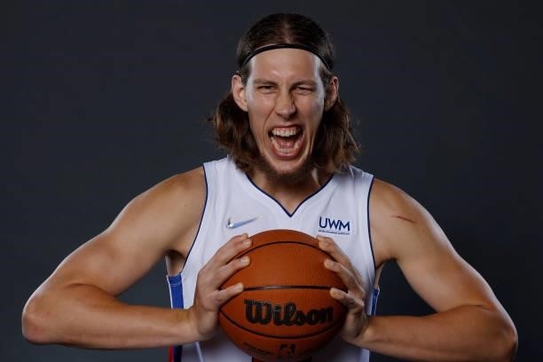 Kelly Olynyk of the Detroit Pistons poses for a photo during media day at Little Caesars Arena on September 27, 2021 in Detroit, Michigan. NOTE TO...