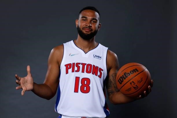 Cory Joseph of the Detroit Pistons poses for a photo during media day at Little Caesars Arena on September 27, 2021 in Detroit, Michigan. NOTE TO...