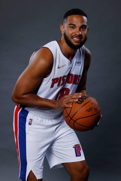Cory Joseph of the Detroit Pistons poses for a photo during media day at Little Caesars Arena on September 27, 2021 in Detroit, Michigan. NOTE TO...