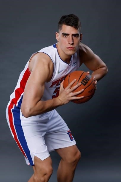 Luka Garza of the Detroit Pistons poses for a photo during media day at Little Caesars Arena on September 27, 2021 in Detroit, Michigan. NOTE TO...