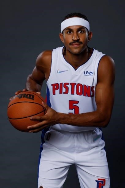 Frank Jackson of the Detroit Pistons poses for a photo during media day at Little Caesars Arena on September 27, 2021 in Detroit, Michigan. NOTE TO...