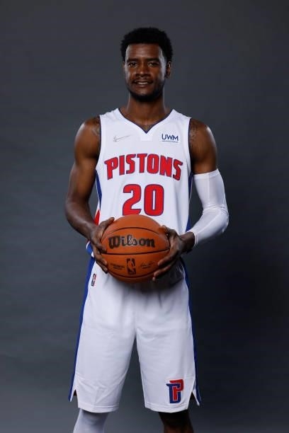 Josh Jackson of the Detroit Pistons poses for a photo during media day at Little Caesars Arena on September 27, 2021 in Detroit, Michigan. NOTE TO...