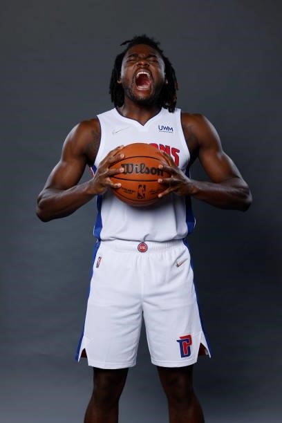 Isaiah Stewart of the Detroit Pistons poses for a photo during media day at Little Caesars Arena on September 27, 2021 in Detroit, Michigan. NOTE TO...