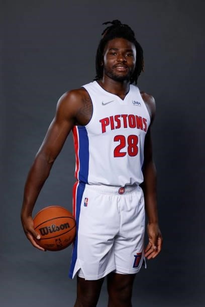 Isaiah Stewart of the Detroit Pistons poses for a photo during media day at Little Caesars Arena on September 27, 2021 in Detroit, Michigan. NOTE TO...