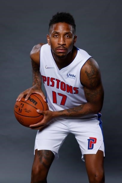 Rodney McGruder of the Detroit Pistons poses for a photo during media day at Little Caesars Arena on September 27, 2021 in Detroit, Michigan. NOTE TO...