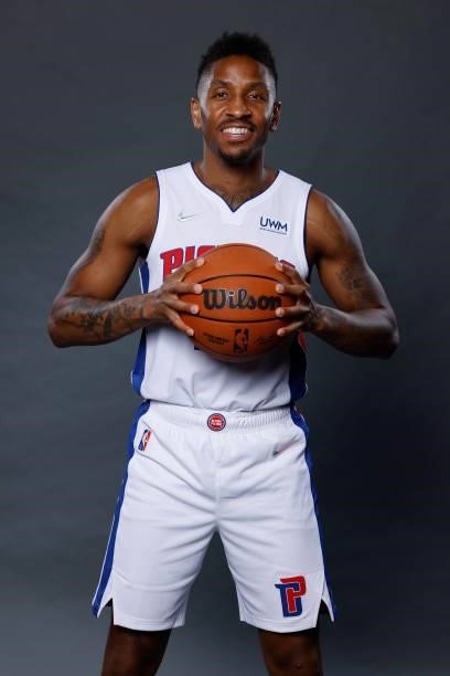 Rodney McGruder of the Detroit Pistons poses for a photo during media day at Little Caesars Arena on September 27, 2021 in Detroit, Michigan. NOTE TO...