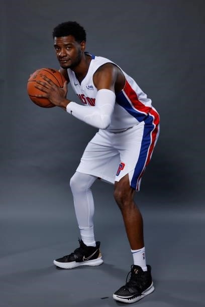 Josh Jackson of the Detroit Pistons poses for a photo during media day at Little Caesars Arena on September 27, 2021 in Detroit, Michigan. NOTE TO...