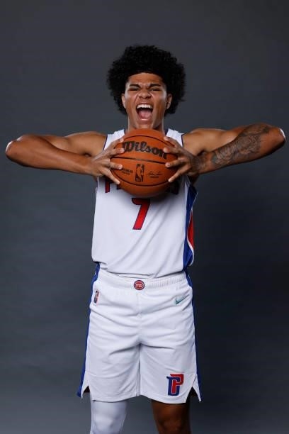 Killian Hayes of the Detroit Pistons poses for a photo during media day at Little Caesars Arena on September 27, 2021 in Detroit, Michigan. NOTE TO...