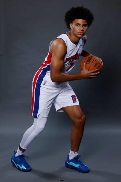 Killian Hayes of the Detroit Pistons poses for a photo during media day at Little Caesars Arena on September 27, 2021 in Detroit, Michigan. NOTE TO...