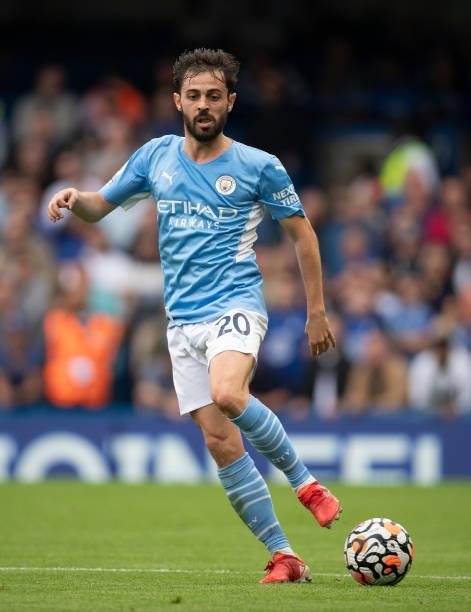 Bernardo Silva of Manchester City during the Premier League match between Chelsea and Manchester City at Stamford Bridge on September 25, 2021 in...