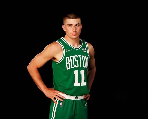 Payton Pritchard of the Boston Celtics poses for a photo during Media Day at High Output Studios on September 27, 2021 in Canton, Massachusetts. NOTE...
