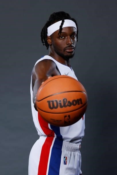 Jerami Grant of the Detroit Pistons poses for a photo during media day at Little Caesars Arena on September 27, 2021 in Detroit, Michigan. NOTE TO...