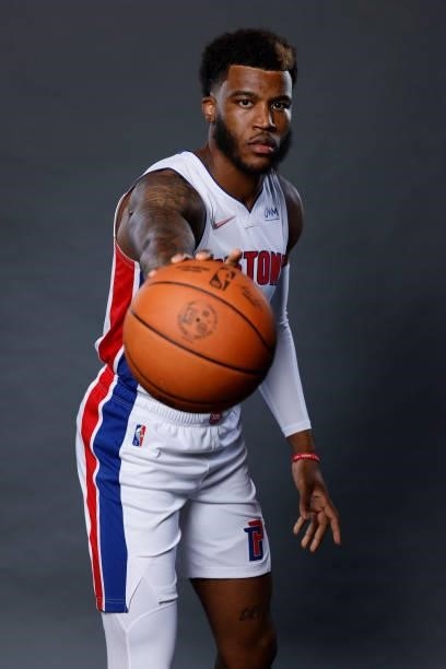 Saddiq Bey of the Detroit Pistons poses for a photo during media day at Little Caesars Arena on September 27, 2021 in Detroit, Michigan. NOTE TO...