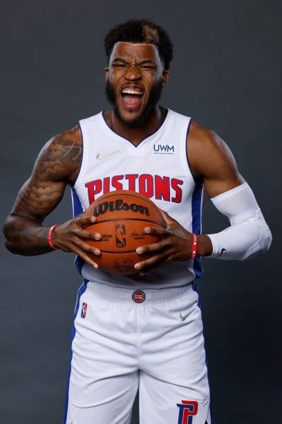 Saddiq Bey of the Detroit Pistons poses for a photo during media day at Little Caesars Arena on September 27, 2021 in Detroit, Michigan. NOTE TO...