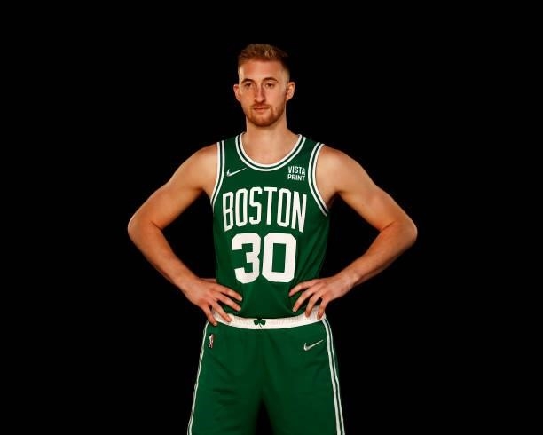 Sam Hauser of the Boston Celtics poses for a photo during Media Day at High Output Studios on September 27, 2021 in Canton, Massachusetts. NOTE TO...
