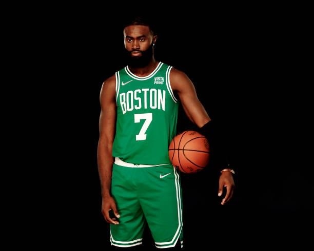 Jaylen Brown of the Boston Celtics poses for a photo during Media Day at High Output Studios on September 27, 2021 in Canton, Massachusetts. NOTE TO...
