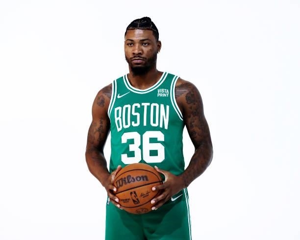 Marcus Smart poses for a photo during Media Day at High Output Studios on September 27, 2021 in Canton, Massachusetts. NOTE TO USER: User expressly...
