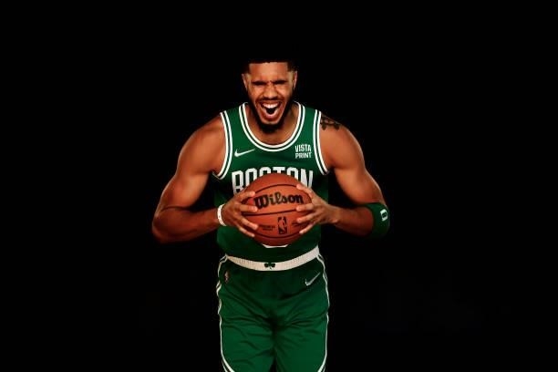 Jayson Tatum of the Boston Celtics poses for a photo during Media Day at High Output Studios on September 27, 2021 in Canton, Massachusetts. NOTE TO...