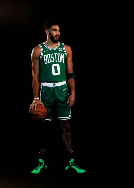 Jayson Tatum of the Boston Celtics poses for a photo during Media Day at High Output Studios on September 27, 2021 in Canton, Massachusetts. NOTE TO...