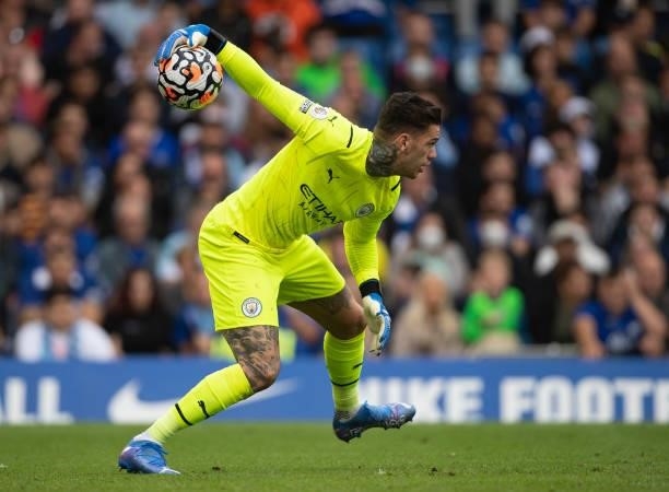 Ederson Santana de Moraes of Manchester City during the Premier League match between Chelsea and Manchester City at Stamford Bridge on September 25,...