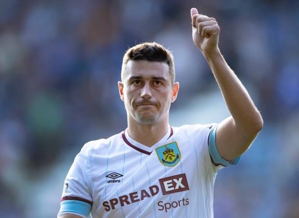 Matthew Lowton of Burnley acknowledges the fans after the Premier League match between Leicester City and Burnley at The King Power Stadium on...