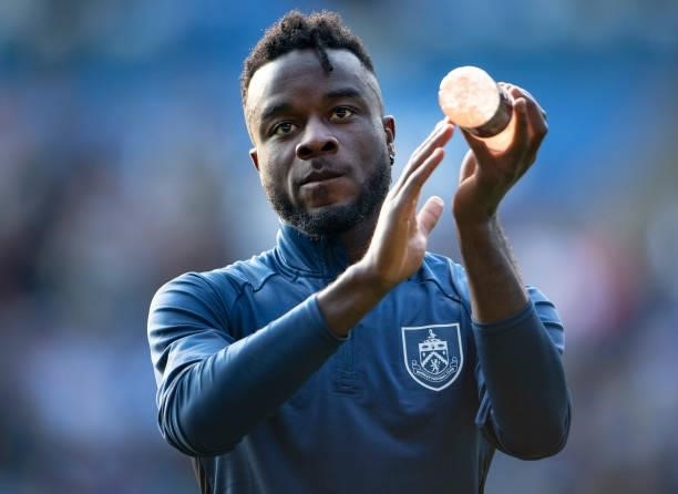 Maxwel Cornet of Burnley acknowledges the crowd after the Premier League match between Leicester City and Burnley at The King Power Stadium on...