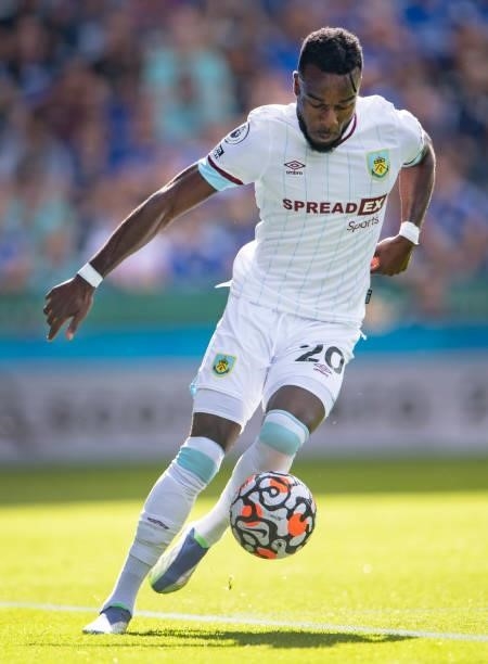 Maxwel Cornet of Burnley in action during the Premier League match between Leicester City and Burnley at The King Power Stadium on September 25, 2021...