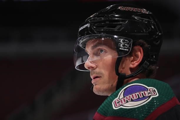 Loui Eriksson of the Arizona Coyotes warms up before the preseason NHL game against the Los Angeles Kings at Gila River Arena on September 27, 2021...