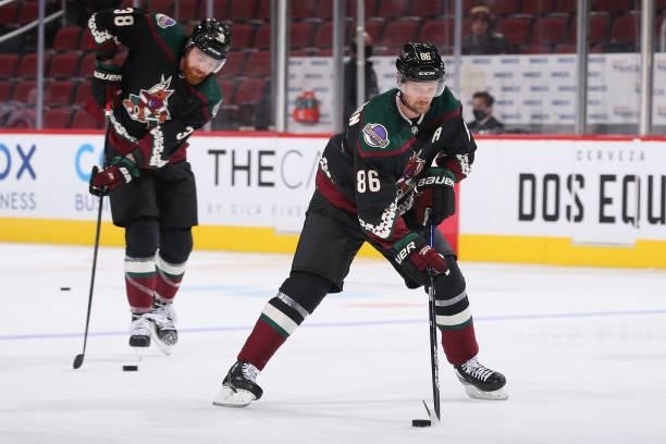Anton Stralman of the Arizona Coyotes warms up before the preseason NHL game against the Los Angeles Kings at Gila River Arena on September 27, 2021...