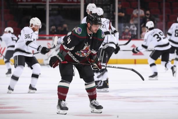 Shayne Gostisbehere of the Arizona Coyotes warms up before the preseason NHL game against the Los Angeles Kings at Gila River Arena on September 27,...