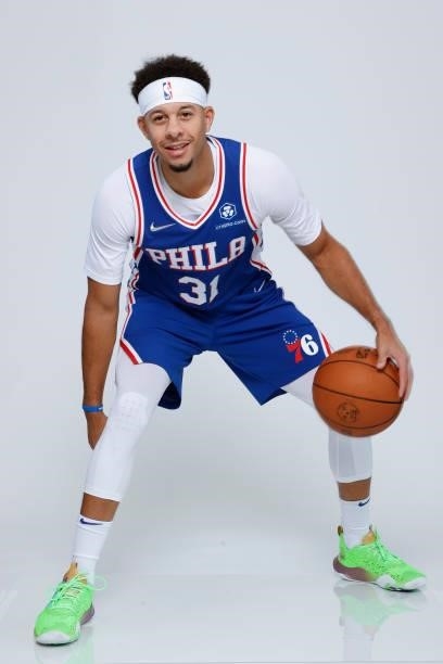 Seth Curry of the Philadelphia 76ers stands for a portrait during Philadelphia 76ers Media Day held at Philadelphia 76ers Training Complex on...