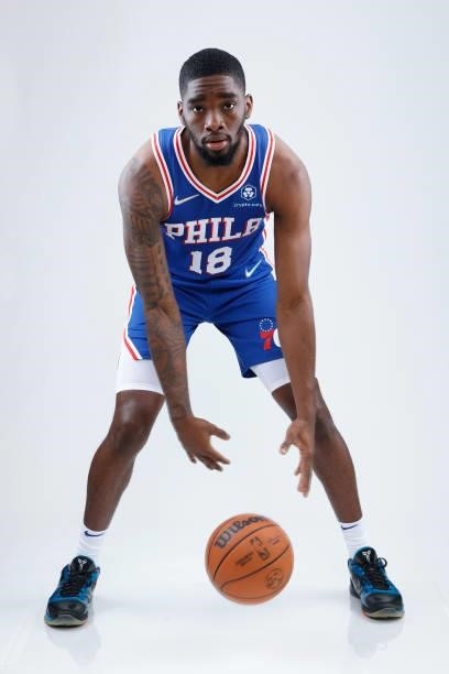 Shake Milton of the Philadelphia 76ers stands for a portrait during Philadelphia 76ers Media Day held at Philadelphia 76ers Training Complex on...