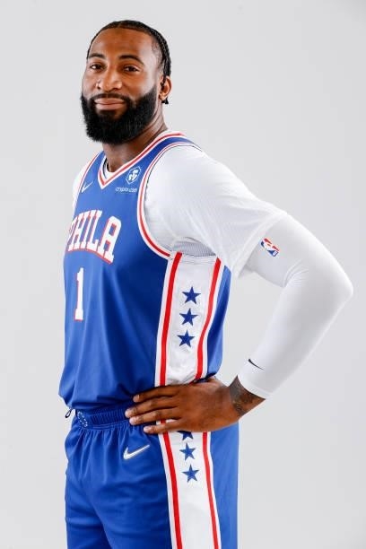 Andre Drummond of the Philadelphia 76ers stands for a portrait during Philadelphia 76ers Media Day held at Philadelphia 76ers Training Complex on...
