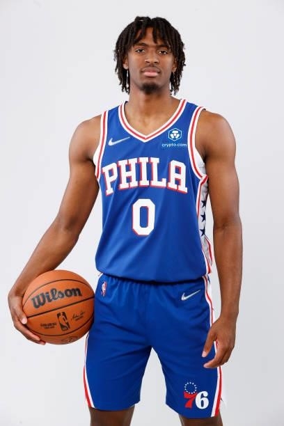 Tyrese Maxey of the Philadelphia 76ers stands for a portrait during Philadelphia 76ers Media Day held at Philadelphia 76ers Training Complex on...