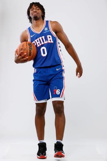 Tyrese Maxey of the Philadelphia 76ers stands for a portrait during Philadelphia 76ers Media Day held at Philadelphia 76ers Training Complex on...