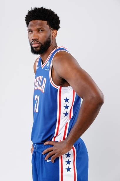 Joel Embiid of the Philadelphia 76ers stands for a portrait during Philadelphia 76ers Media Day held at Philadelphia 76ers Training Complex on...