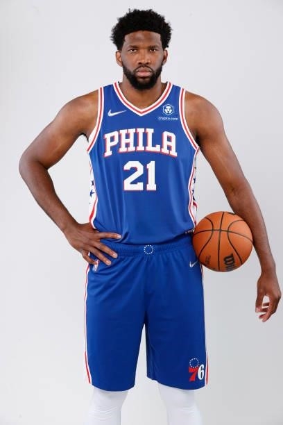Joel Embiid of the Philadelphia 76ers stands for a portrait during Philadelphia 76ers Media Day held at Philadelphia 76ers Training Complex on...