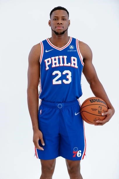 Charles Bassey of the Philadelphia 76ers stands for a portrait during Philadelphia 76ers Media Day held at Philadelphia 76ers Training Complex on...