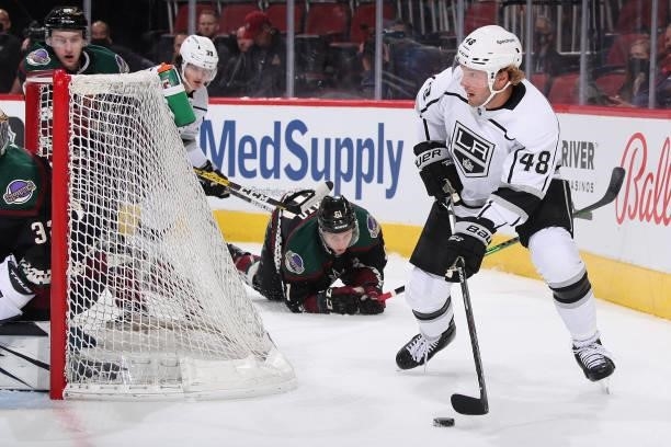 Brendan Lemieux of the Los Angeles Kings looks to center the puck during the first period of the preseason NHL game against the Arizona Coyotes at...