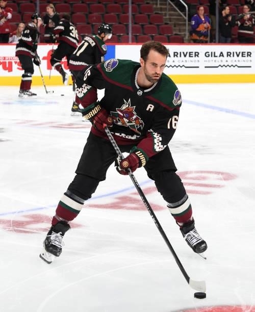 Andrew Ladd of the Arizona Coyotes skates with a puck before the game against the Los Angeles Kings at Gila River Arena on September 27, 2021 in...