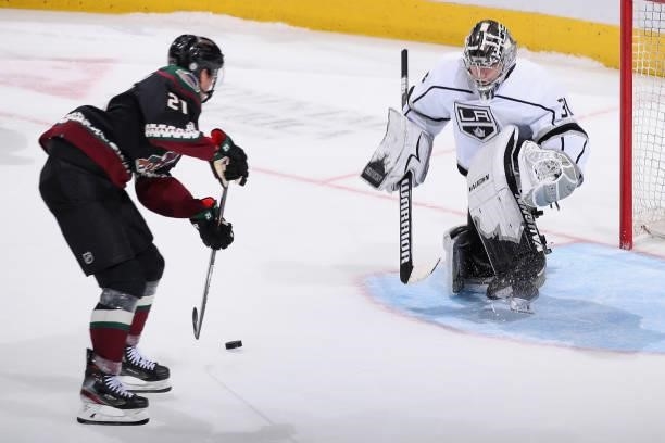 Goaltender Matt Villalta the Los Angeles Kings challenges Loui Eriksson of the Arizona Coyotes in a shootout during the preseason NHL game at Gila...