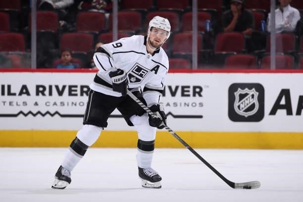 Adrian Kempe of the Los Angeles Kings skates with the puck during the third period of the preseason NHL game against the Arizona Coyotes at Gila...