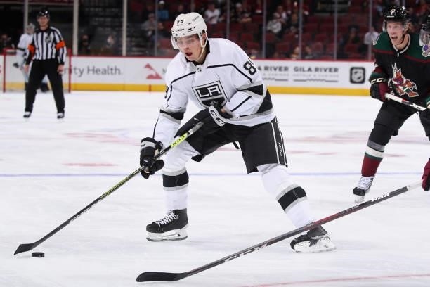Rasmus Kupari of the Los Angeles Kings skates with the puck against the Arizona Coyotes during the third period of the preseason NHL game at Gila...
