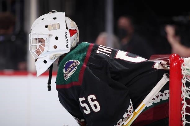 Goaltender Anson Thornton of the Arizona Coyotes looks down ice during the third period of the preseason NHL game against the Los Angeles Kings at...