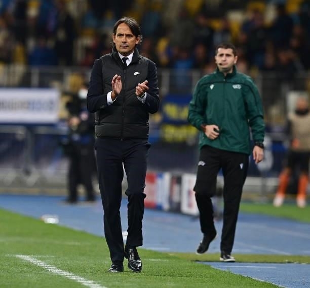 Head coach of FC Internazionale Simone Inzaghi reacts during the UEFA Champions League group D match between Shakhtar Donetsk and Inter at Metalist...