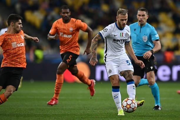 Federico Dimarco of FC Internazionale in action during the UEFA Champions League group D match between Shakhtar Donetsk and Inter at Metalist Stadium...