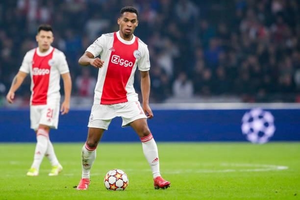 Jurrien Timber of Ajax during the UEFA Champions League Group stage match between Ajax and Besiktas at Johan Cruijff ArenA on September 28, 2021 in...